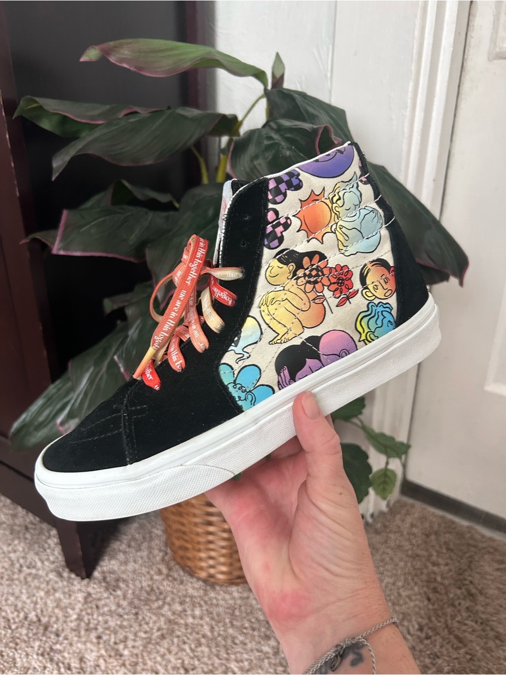 Boho hippie Women's High-Top Canvas Sneakers in Black with Multicolor Graphic